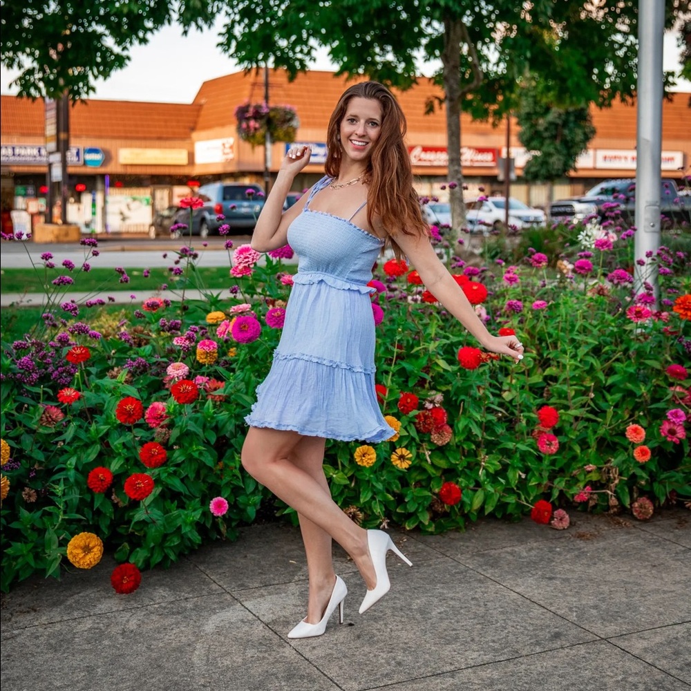 Morning Lavender Smocked Mini Dress in Blue with Tie Straps